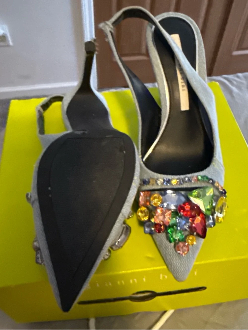 Gianni Bini Light Gray Denim Slingback Pumps with Multicolor Gem Accents - Picture 4 of 6